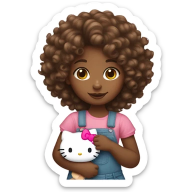 Brown girl with curly hair holding hello Kitty sticker
