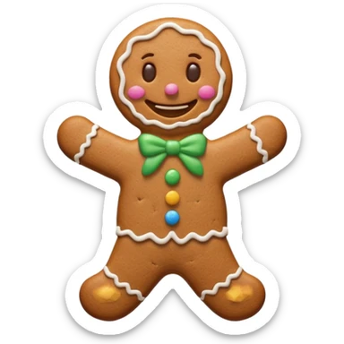 {
    "type": "object",
    "look": "gingerbread man, icing smile, cookie texture, front view",
    "description": "a cheerful gingerbread cookie shaped like a man, smiling with white icing details"
  } sticker
