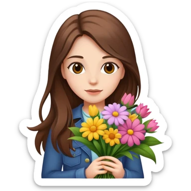 Cool girl with long brown hair and fair skin holding a bouquet of flowers sticker