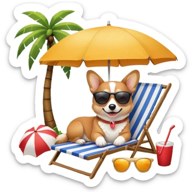 a corgi dog laied on a beach chair, a sunny beach, a sun umbrella, and beach coconut trees. the icon should capture the essence of a relaxing beach vacation with a carefree atmosphere sticker