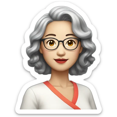 Chinese lady with like Lai gray hair wavy hair to the shoulder length where Chinese dress colourful dress wear glasses sticker