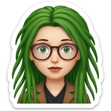 A white Girl with glasses,Brown long hair, grenn dredd sticker