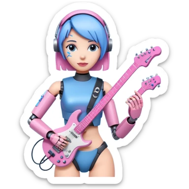 a cyper robot carry her note and electric guitar and try to change the world with pink and bluecolor sticker