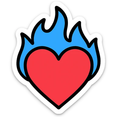 heart engulfed in blue flames, stylized, icon style sticker