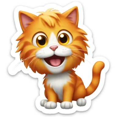 A playful cartoon cat with big eyes and orange fur, laughing with its mouth open. sticker