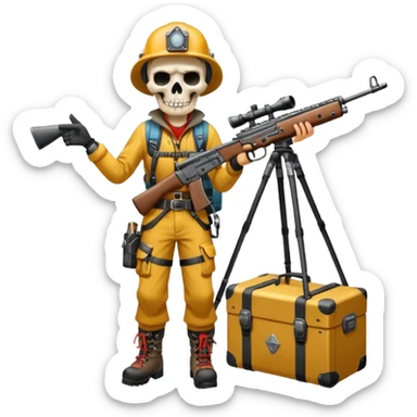 Yodeling mountain climber in Switzerland with a machine gun pointing to the right, full body, in the style of your bleeding skull art sticker
