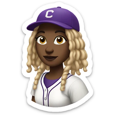 baseball card character. black girl. blonde locs. letter C logo. Purple and white uniform.  sticker