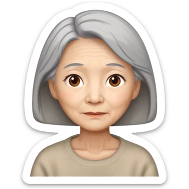Elderly Chinese woman with gray hair, brown eyes with wise expression lines, beige sweater sticker