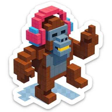 gorilla with headphones dancing, isometric view, voxel style sticker