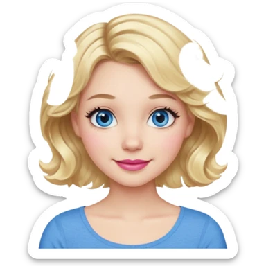 Girl Blonde short wavy hair,  blue eyes, cute blue top, long lashes, pink lips, smiling, 👍🏻 sticker