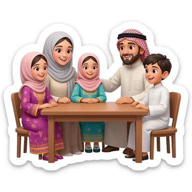 islamic family sitting on table; mother wearing without hijab; father with beard and islamic clothes; little girls  hijab and one little boy; kids wearing traditional clothes and talking happily to each other sticker