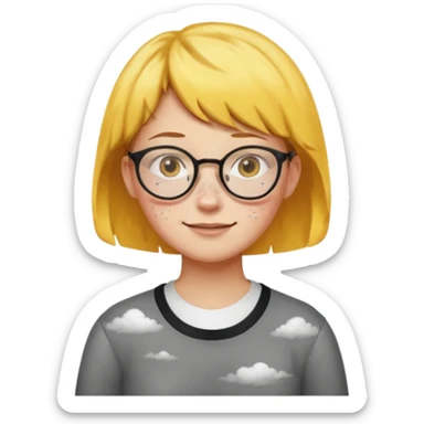 round-faced high school girl with glasses and short hair, yellow skin, smiling but with subtle signs of inner anger, surrounded by clouds sticker