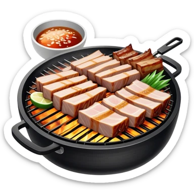 Cinematic Realistic Samgyeopsal Dish Emoji, depicted with sizzling, thick slices of pork belly grilled to perfection rendered with rich textures and warm, inviting lighting. sticker