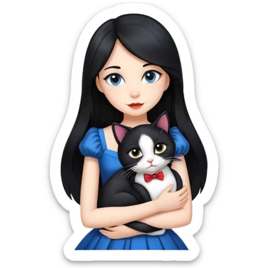 A beautiful girl with long black hair wearing a dress hugs a tuxedo cat sticker