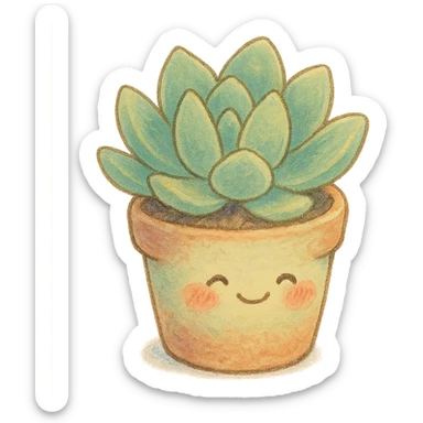 small potted succulent plant, Japanese pastel hand-drawn, full object, transparent background, with blushing cheeks sticker