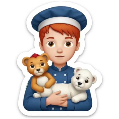 boy kid italian chef, red haired, uniform, holding plush polar lion sticker