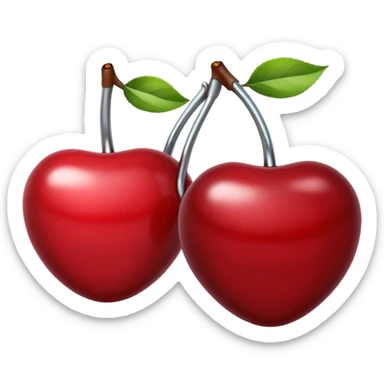 A pair of cherries emoji made of polished silver chrome, smooth rounded shapes, glossy metallic finish, soft highlights and reflections, cute proportions, iOS emoji style, centered, clean white background, no text sticker