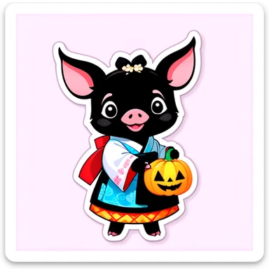 A black piglet wearing hanbok and holding a pumpkin with “luck” written on it. sticker