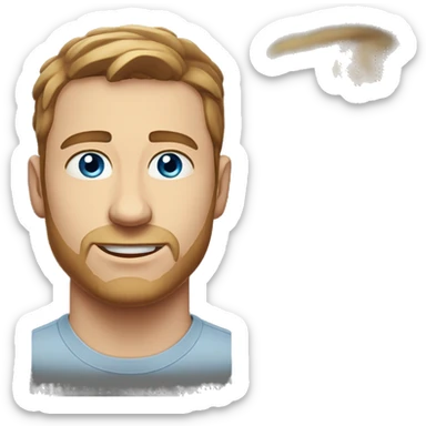 A head and shoulders shot of a 32 year old white man, with short brown hair,   with blue eyes wearing a t-shirt. sticker