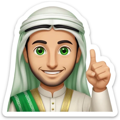 Arab Saudi man with green eyes, wearing an agal and traditional attire, smiling happily and giving a big thumbs-up sticker