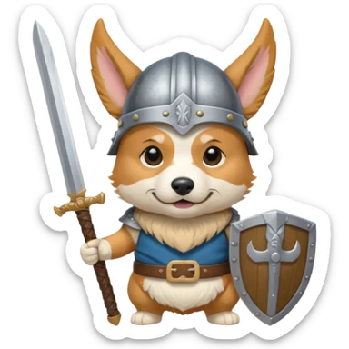 corgi with viking helmet and sword behind sticker