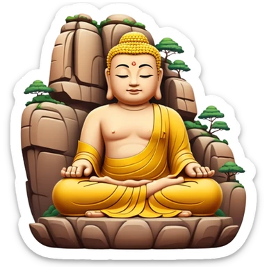 Leshan Giant Buddha massive stone statue, simplified emoji style with bold outlines and bright colors, cartoon style sitting Buddha carved in cliff sticker