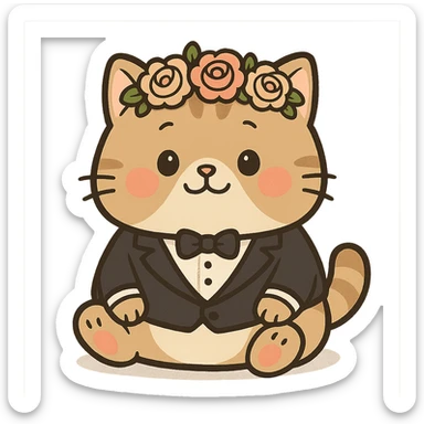 A chubby kitten wearing a tiny tuxedo and a flower crown, in a cute cartoon style sticker