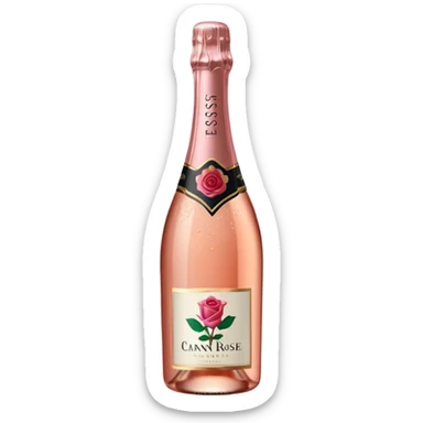 bottle of sparkling rosé champagne with a rose logo on the label, tilted up and to the right, no glass sticker