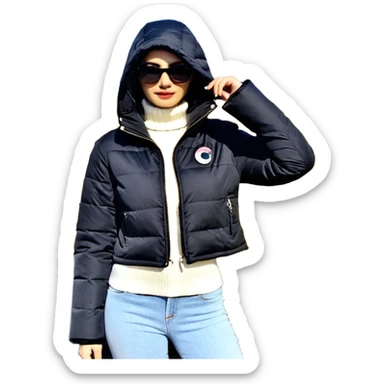 Siyah uzun saçlı siyah ceket  polar ceket ceket gevşek biraz omzundan çıkıyormuş gibi ve bugday ten rengi soltaraftaki omzundan çıkık sadece içinde de siyah crop var crop açık esmer esmer ceketin içinde siyah crop var be cropta omzuna bağlı ceketin sol üstü omzunun istinde sticker