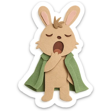 full-body pale brown bunny yawning with messy hair, blanket over shoulders, paper-craft style sticker