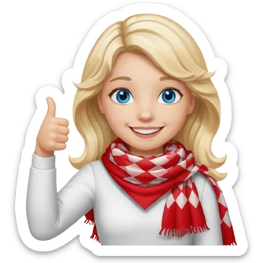 Blonde Girl, Blue Eyes, wavy hair, smiling, thumbs up, wearing red Checkered Triangle scarf, white dress sticker