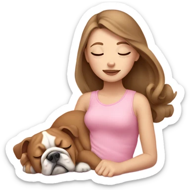 Sleeping girl in pink with light brown hair and bulldog sticker