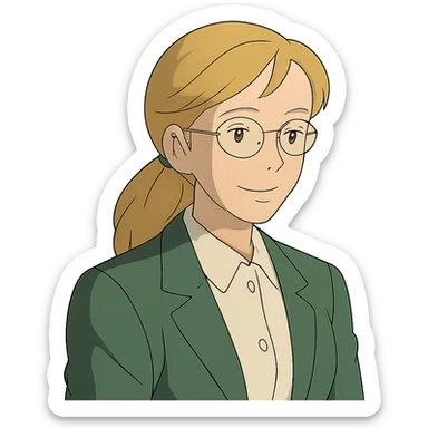 profesora rubia de pelo largo recogido, piel clara, estilo ghibli sticker