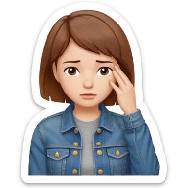 a woman with a brown short hair, looking at the left, facepalming, wearing a denim jacket, only upper body, high quality sticker