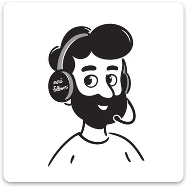 A person with black hair, brown eyes, black beard wearing a gaming headset "merci Followers" sticker
