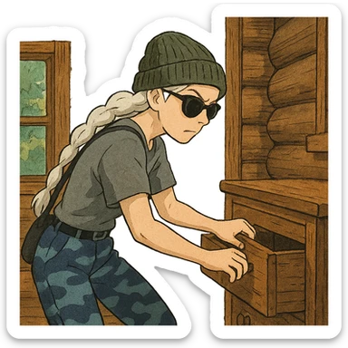 1 female, long white braid, knit cap, dark sunglasses, GRAY T-SHIRT, blue camo pants, LOOTING A CABIN, OPENING A DRAWER sticker