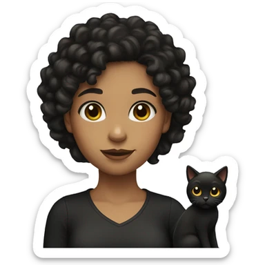 a girl with fair skin and curly black hair. She has a black cat  sticker