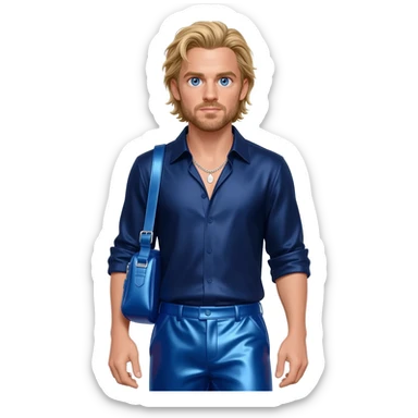 Chris Evans with blue eyes, long blonde hair, navy blue metallic shirt, cobalt blue metallic baggy pants, silver necklace sticker