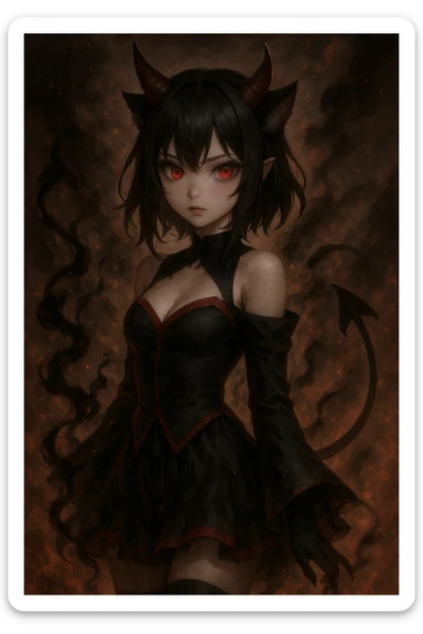 realistic anime catgirl with devil horns, red eyes, black and red outfit, spaded tail, dark magical effects, dramatic background sticker