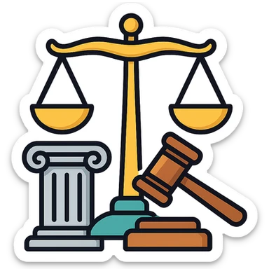 Vector illustration of a classic symbol of law (e.g. scales of justice, gavel, courthouse column), designed with elegant and refined lines. Include intricate golden detailing, soft gradients for a polished metallic look, and realistic shadows and highlights for depth. Style should be clean and professional, with a modern yet timeless feel. Transparent background sticker