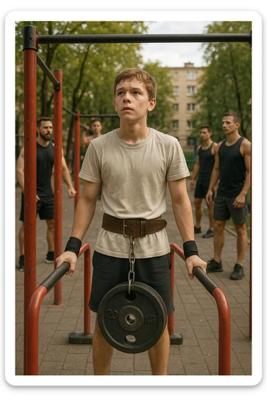 Giovane atleta neofita, fisico normale e non ancora sviluppato, si allena per la prima volta in uno spazio urbano per streetlifting: sbarra per trazioni, parallele, e pesi appesi alla cintura. L’ambiente è un parco cittadino o un’area outdoor sportiva, con luce naturale. L’atleta guarda la sbarra con determinazione e un po’ di insicurezza, ma con forte motivazione. Intorno, altri atleti più esperti. Stile realistico, atmosfera motivazionale, toni energici ma credibili, senso di inizio di un percorso sticker