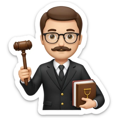 “Create a clean, modern emoji-style illustration of a male lawyer. He is wearing a formal suit jacket. He is holding a judge’s gavel in one hand and has a law book tucked under his arm. He has a mustache and a short beard, and he is wearing glasses. sticker
