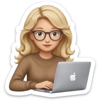 upper body view: blonde girl with dark blonde wavy hair, wearing pantos-style glasses and a brown sweater, sitting with a laptop, flat vector design, soft pastel colors, white background, Apple emoji style, upper body shot sticker
