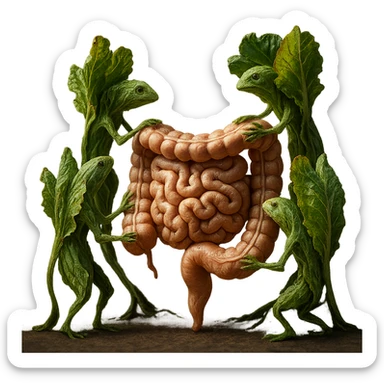 Ultra-realistic 4K illustration: stylized lettuce leaves depicted as plant-like creatures interacting with a human anatomical model of the intestine. The scene is surreal and scientific, with organic textures, refined biological details, dramatic lighting, and a bio-fantasy photorealistic style sticker