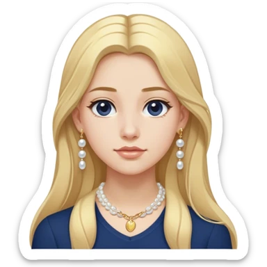 White girl with long blonde hair with a form fitting navy blue shirt with a dainty gold chain and pearl earrings sticker