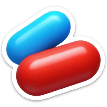 small red pill floating next to a small blue pill sticker
