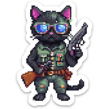 black cat with sunglasses and a gun sticker