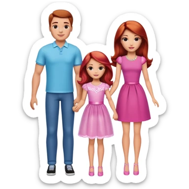A barbie girl with makeup with brown hair with a child, a daughter, a girl with red hair, holding her hand in  and a husband, a man with brown hair, a family sticker