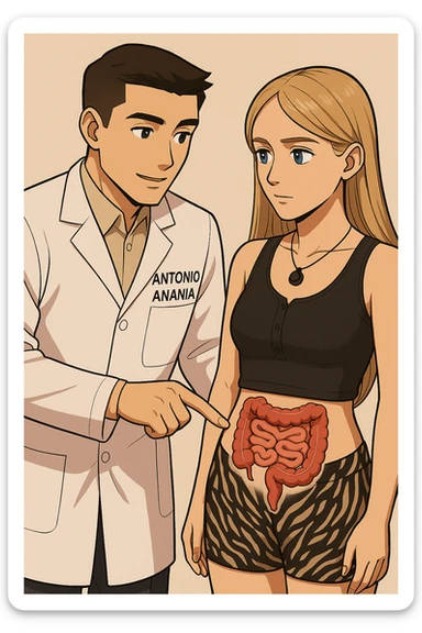 fai un webtoon/manga a colori con questo kinesiologo in camice bianco (fagli la scritta "ANTONIO ANANIA" SUL CAMICE) CHE PARLA CON QUESTA RAGAZZA CON GLI OCCHI AZZURRI. IL KINESIOLOGO CON IL CAMICE BIANCO LE TOCCA LA PANCIA CON UN DITO DOVE C'è L'INTESTINO. NON FARE I FUMETTI, FAI SOLO LORO COME SE DIALOGASSERO sticker