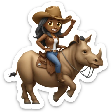 Woman with long hair with a cowboy hat and ahe’s riding a rhinoceros sticker